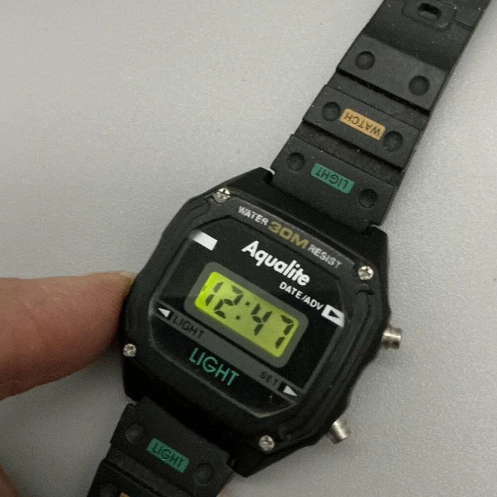 Aqualite Mens Watch 30mm Digital Black 30M WR Backlight Date New Battery